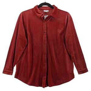 Charter Club Velour Shirt XL Ravishing Red Velvet Womens Button Down Long Sleeve